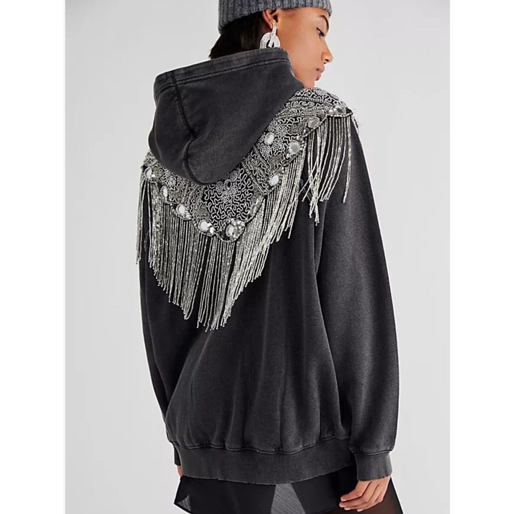 Free People Black Glitz Cardi Beaded Zip Hoodie Small OB1402813